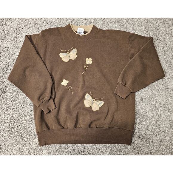 Vintage Grandma Crewneck Sweatshirt Sz XL Butterfly Flowers Double Collar Brown - Picture 1 of 6